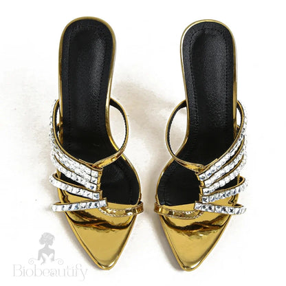 Golden Crystal Thin Heels Slipper For Women