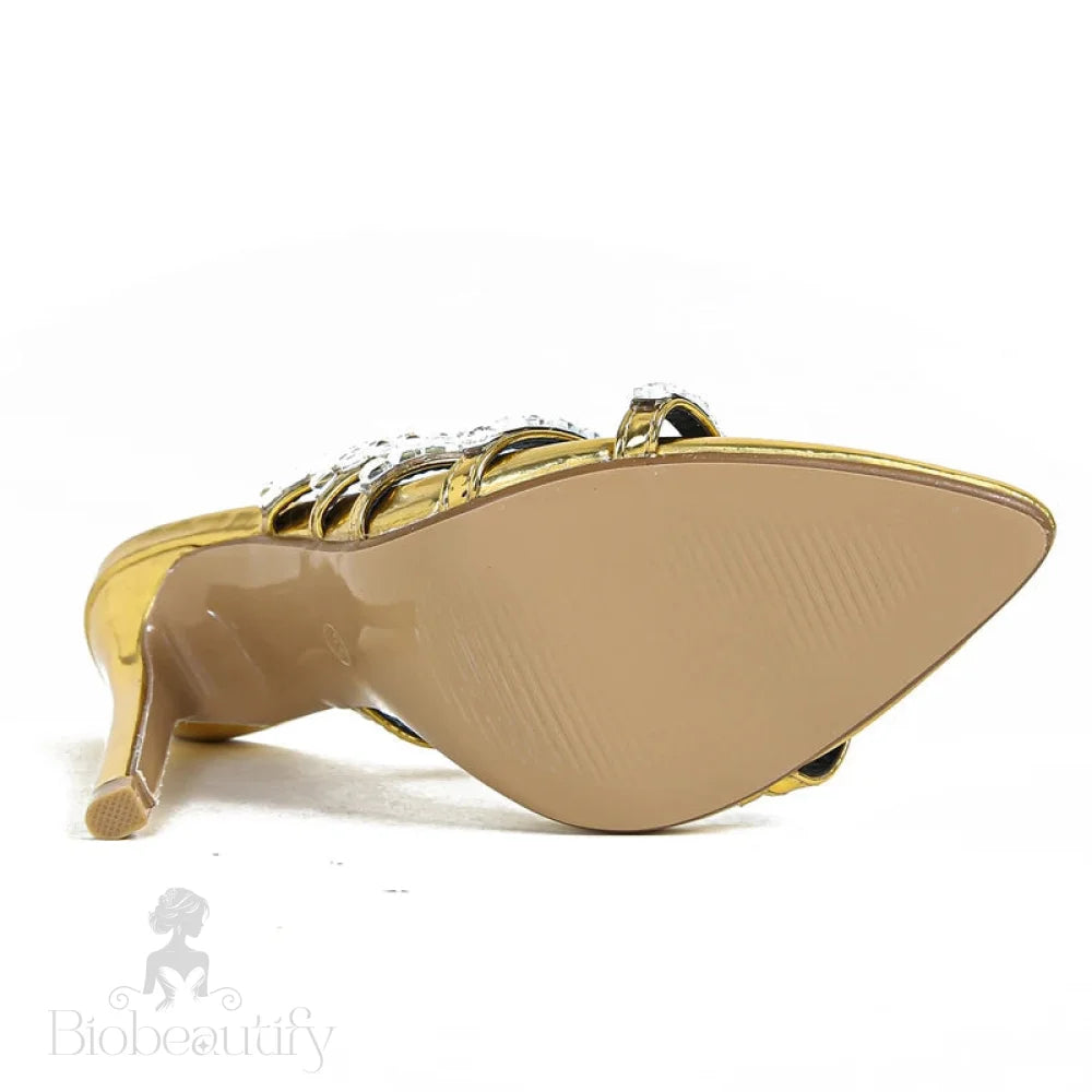 Golden Crystal Thin Heels Slipper For Women