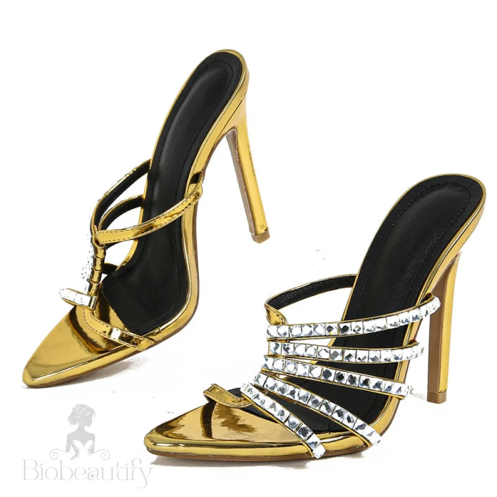 Golden Crystal Thin Heels Slipper For Women