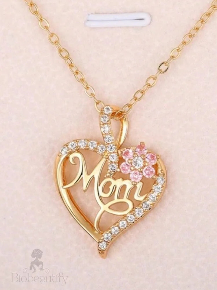 Golden Mom Heart Pendant With Rhinestone Floral Cut-Out