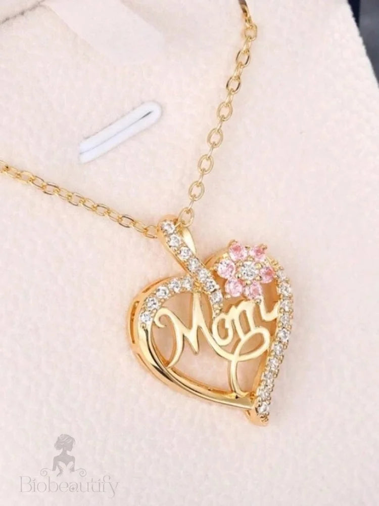 Golden Mom Heart Pendant With Rhinestone Floral Cut-Out