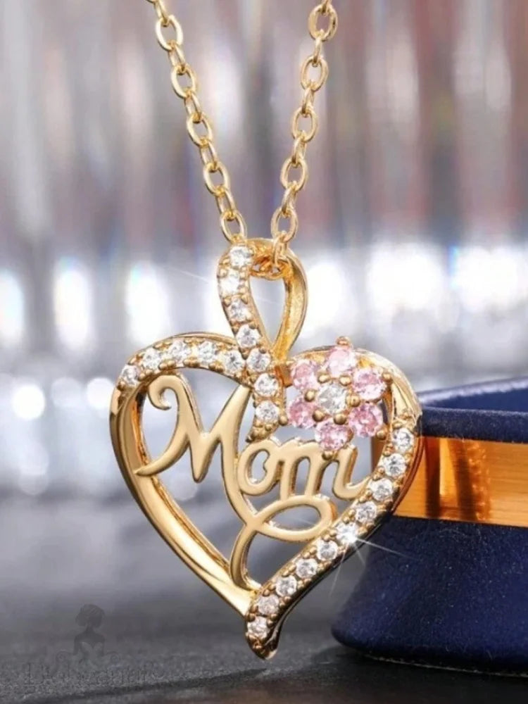 Golden Mom Heart Pendant With Rhinestone Floral Cut-Out