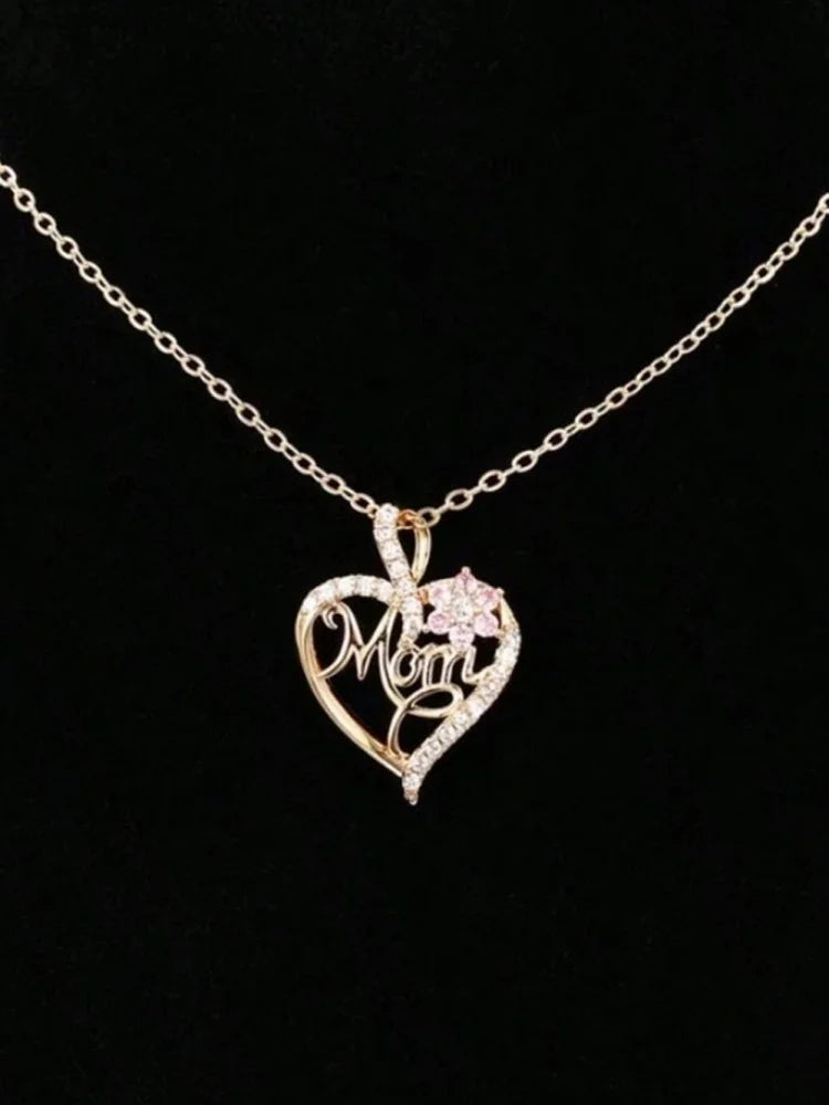 Golden Mom Heart Pendant With Rhinestone Floral Cut-Out