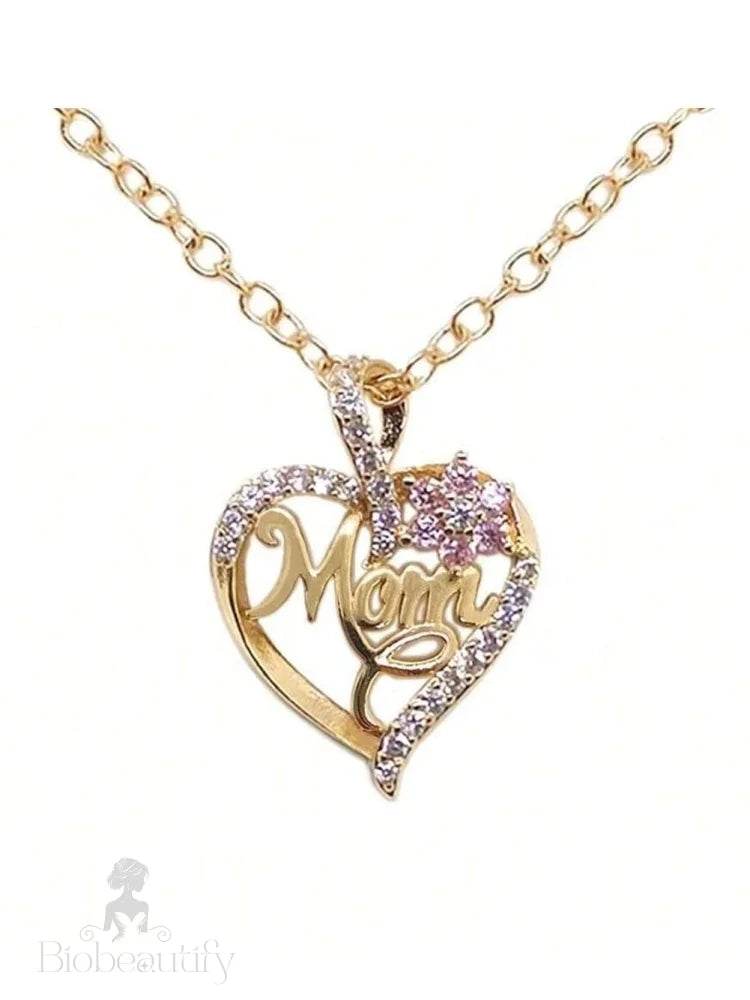 Golden Mom Heart Pendant With Rhinestone Floral Cut-Out