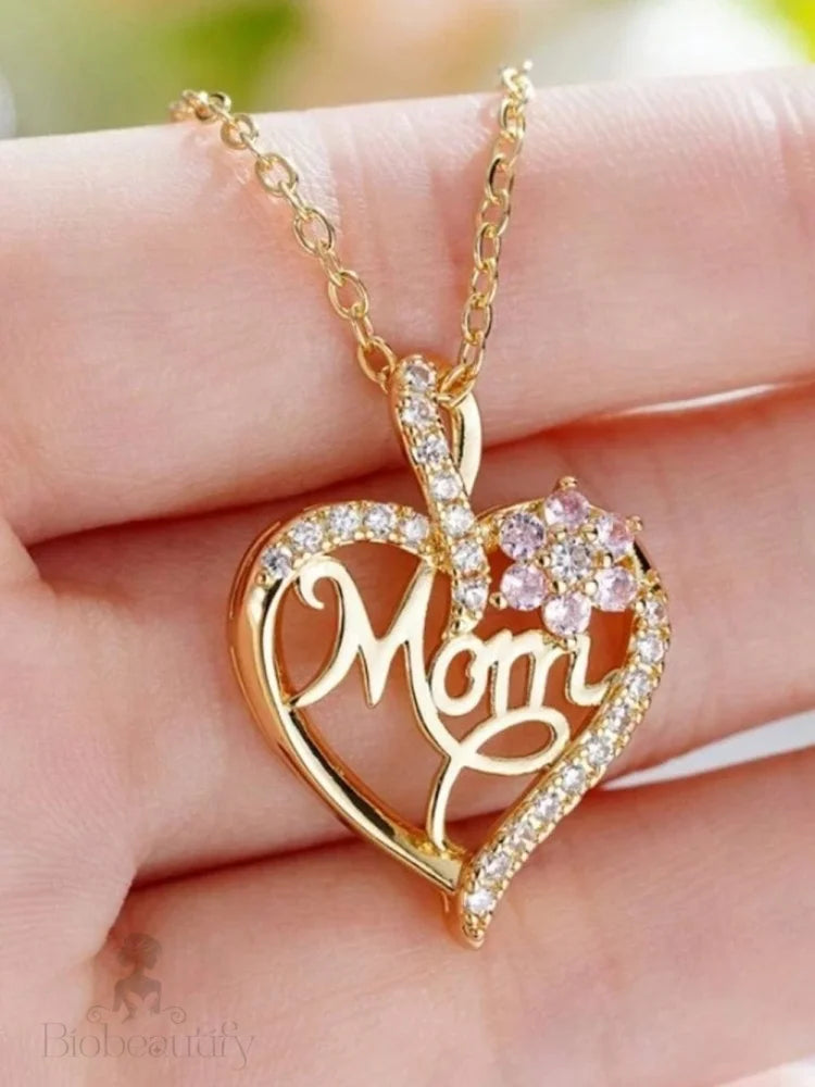 Golden Mom Heart Pendant With Rhinestone Floral Cut-Out Gold / One Size