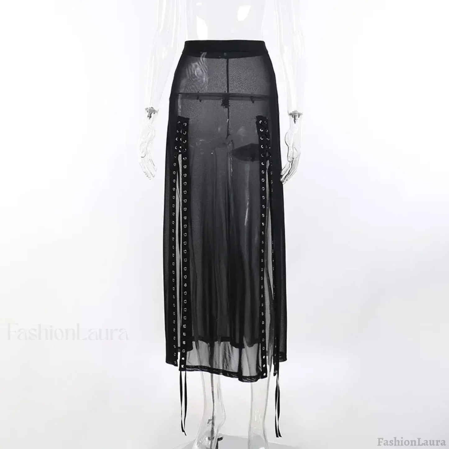 Goth Mesh Perspective Side Slit Lace Up Dark Aesthetical Summer Skirt BLACK / S