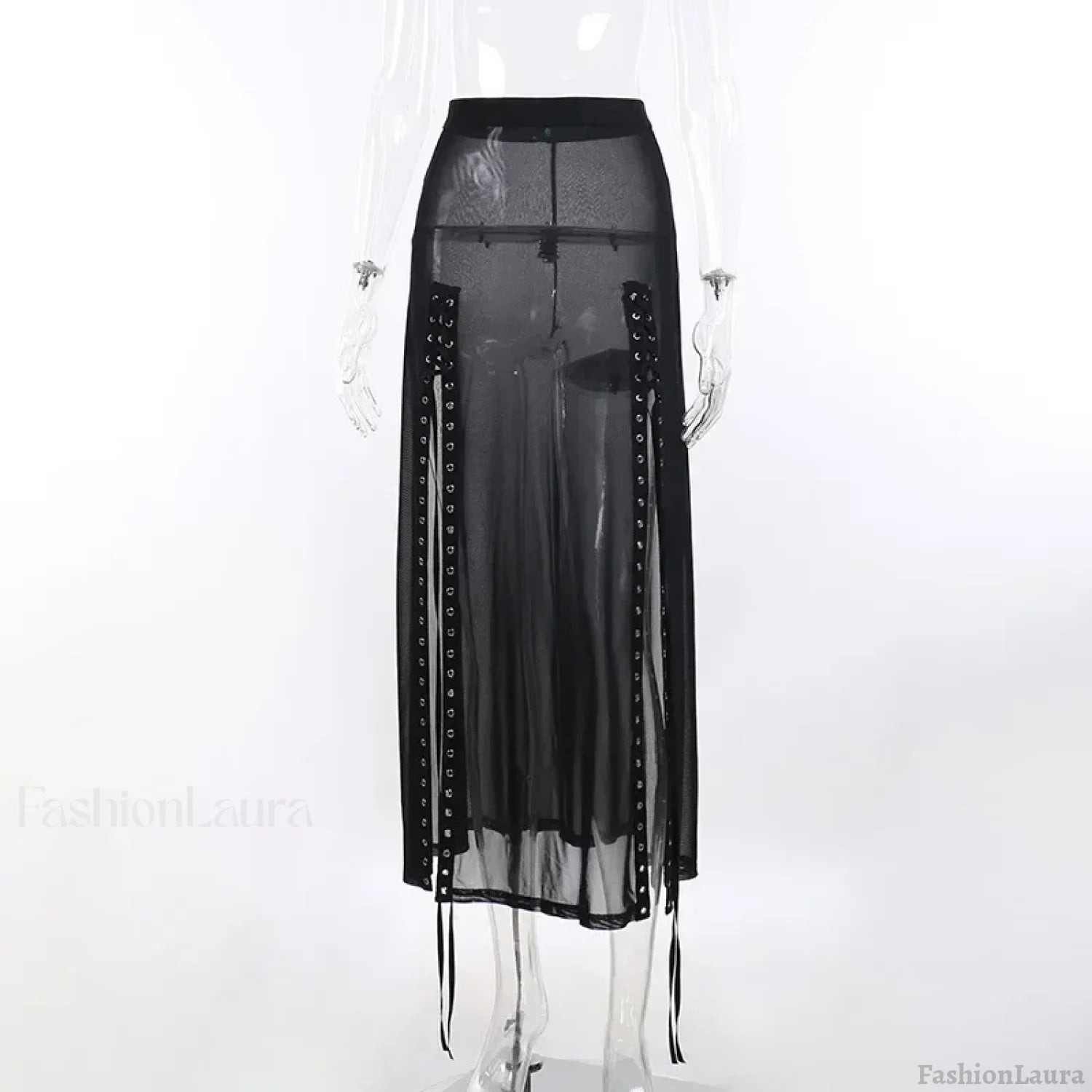 Goth Mesh Perspective Side Slit Lace Up Dark Aesthetical Summer Skirt BLACK / S
