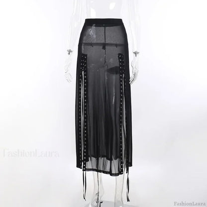 Goth Mesh Perspective Side Slit Lace Up Dark Aesthetical Summer Skirt BLACK / S