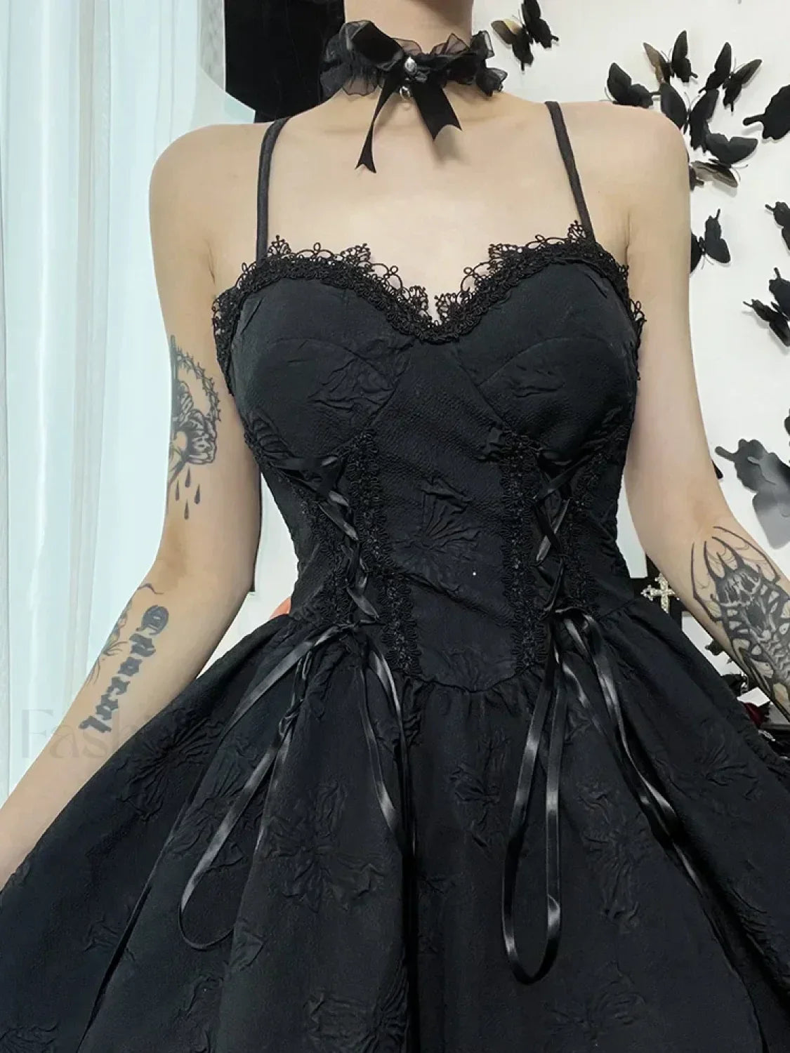 Goth Print Rose Lace Up A Fairy Grunge Backless V Neck Summer Party Dress