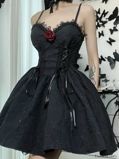 Goth Print Rose Lace Up A Fairy Grunge Backless V Neck Summer Party Dress