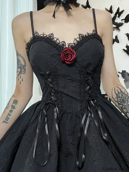 Goth Print Rose Lace Up A Fairy Grunge Backless V Neck Summer Party Dress