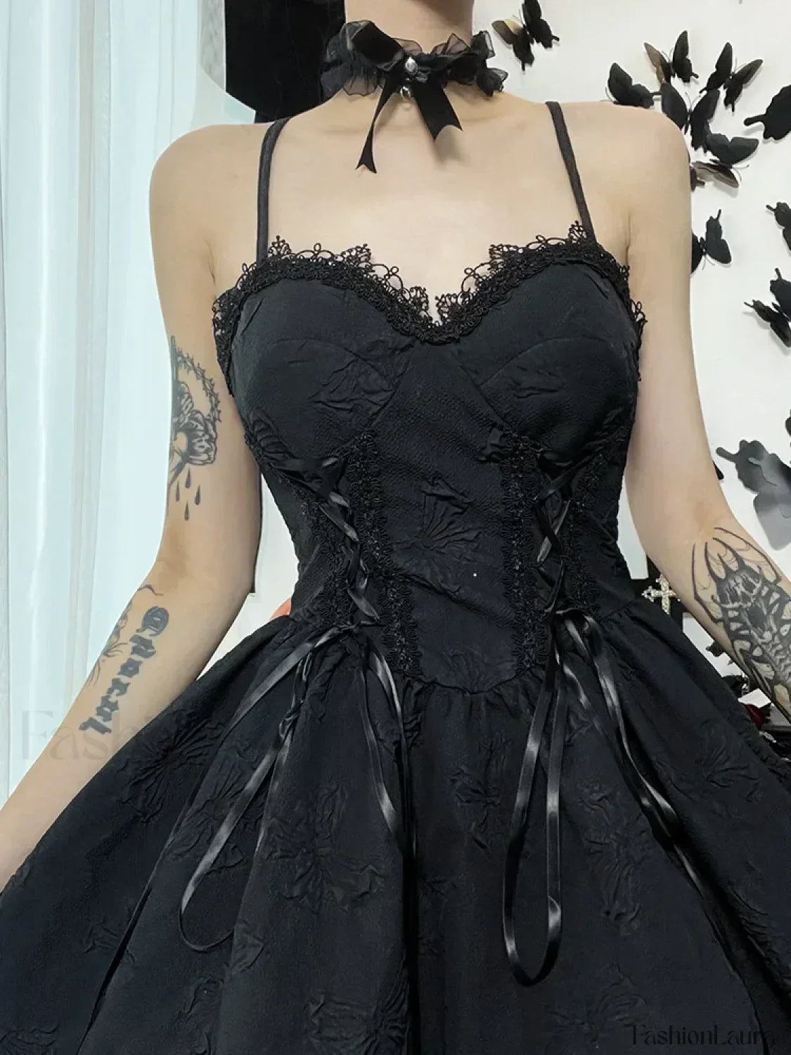 Goth Print Rose Lace Up A Fairy Grunge Backless V Neck Summer Party Dress