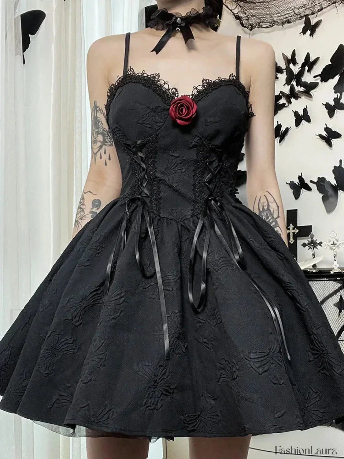 Goth Print Rose Lace Up A Fairy Grunge Backless V Neck Summer Party Dress Black / S
