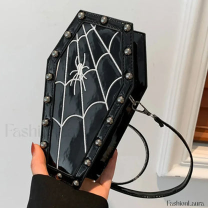 Gothic Adjustable Spider Coffin Shape Mobile Phone Y2K Halloween Satchel Purse Bag black2