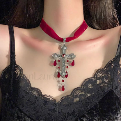 Gothic Blood Drop Tassel Cross Velvet Necklace RED