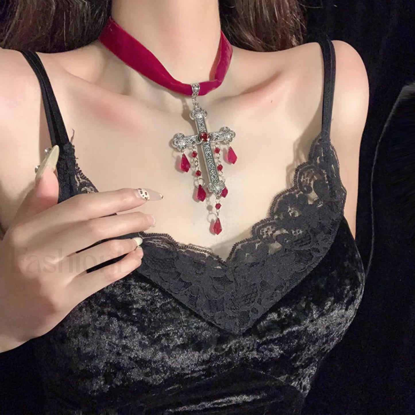 Gothic Blood Drop Tassel Cross Velvet Necklace RED