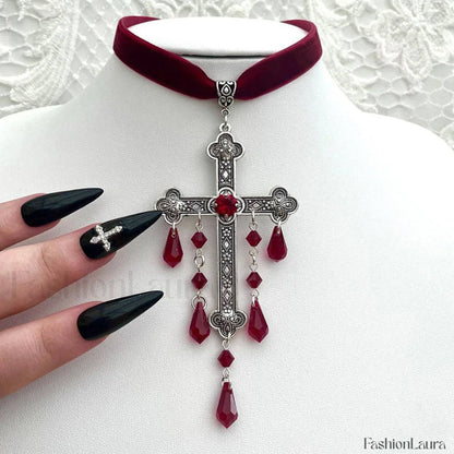 Gothic Blood Drop Tassel Cross Velvet Necklace RED