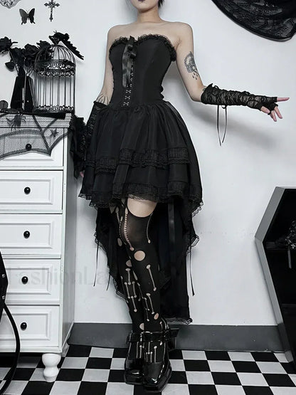 Gothic Bodycon Lace Hi Trim Corset Low Swing Evening Strapless Sleeveless Dress