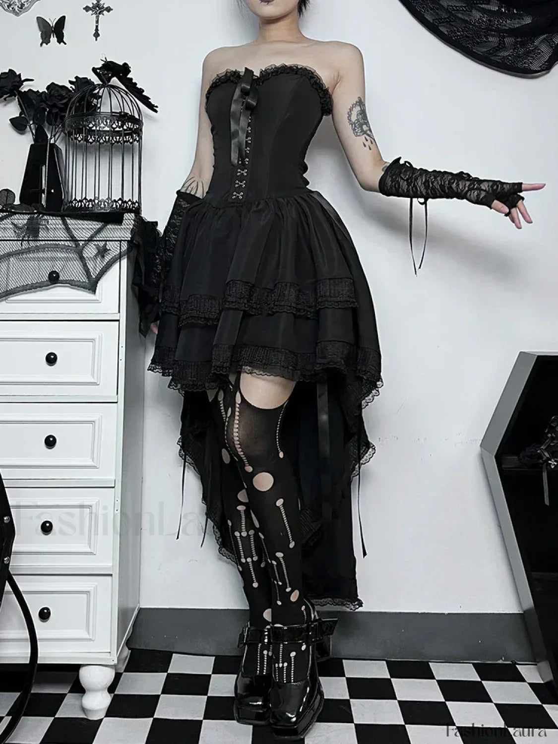 Gothic Bodycon Lace Hi Trim Corset Low Swing Evening Strapless Sleeveless Dress