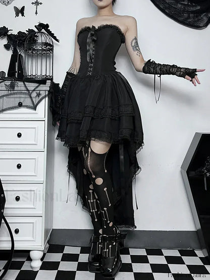 Gothic Bodycon Lace Hi Trim Corset Low Swing Evening Strapless Sleeveless Dress