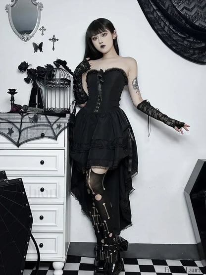 Gothic Bodycon Lace Hi Trim Corset Low Swing Evening Strapless Sleeveless Dress