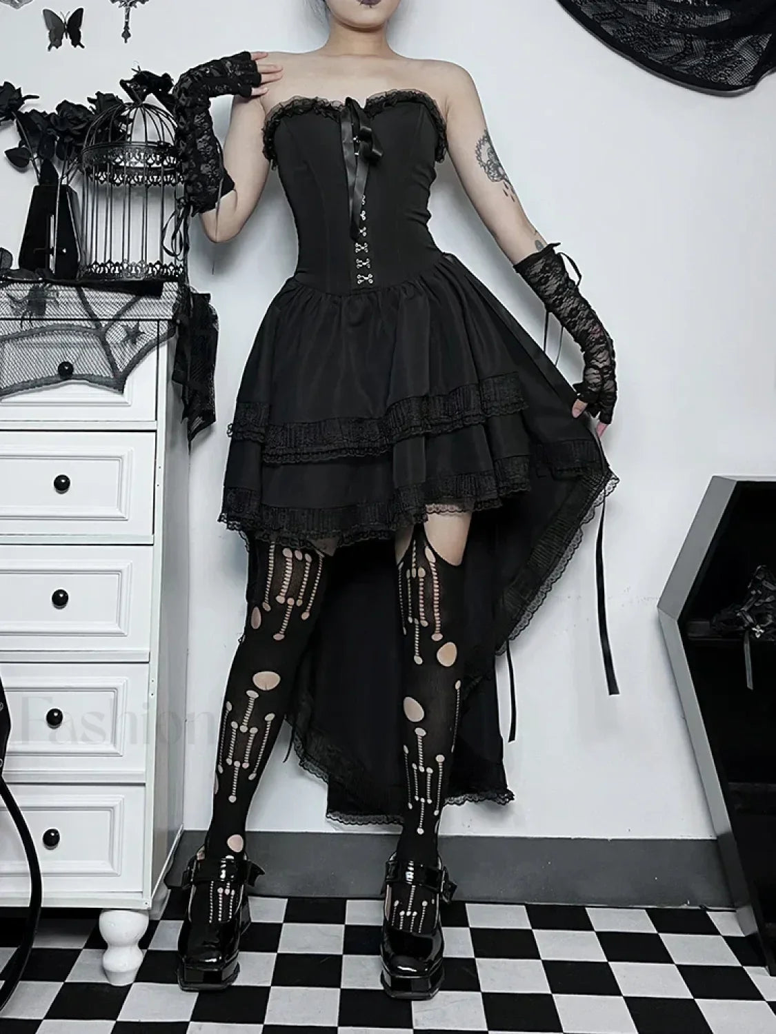 Gothic Bodycon Lace Hi Trim Corset Low Swing Evening Strapless Sleeveless Dress