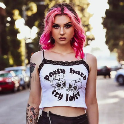 Gothic Crop Navel U neck Exposed Lace Trim Top