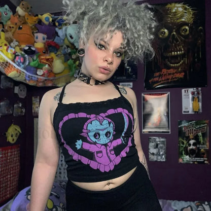 Gothic Crop Navel U neck Exposed Lace Trim Top
