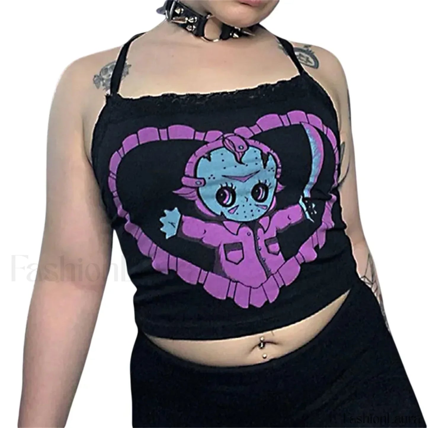 Gothic Crop Navel U neck Exposed Lace Trim Top Black / S