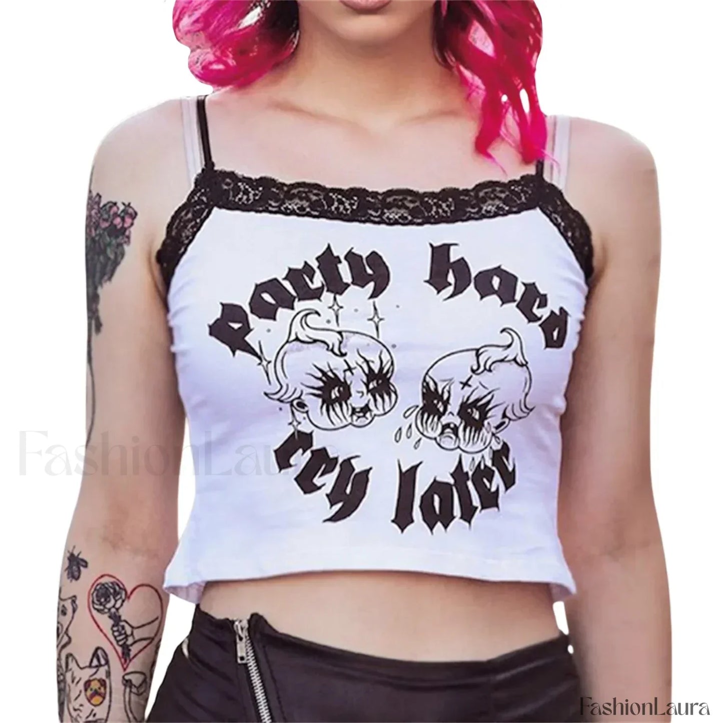 Gothic Crop Navel U neck Exposed Lace Trim Top WHITE / S