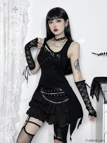 Gothic Crop Sleeveless Y2K Harajuku Irregular Top Black / XS