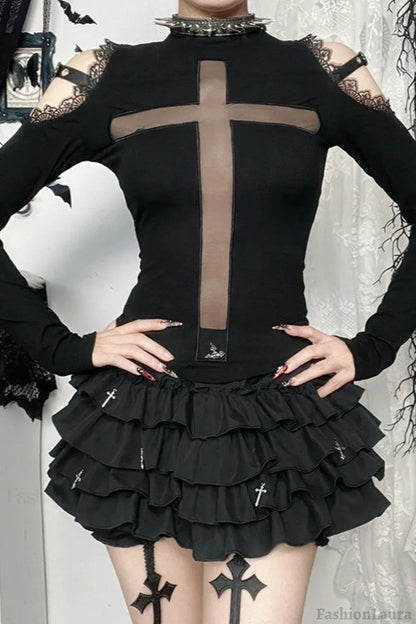 Gothic Cross Sheer Long Sleeve T-Shirt