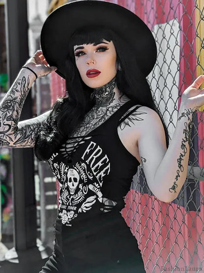 Gothic Dark Skull Printed Woven Vintage Black Summer Streetwear Crop Top