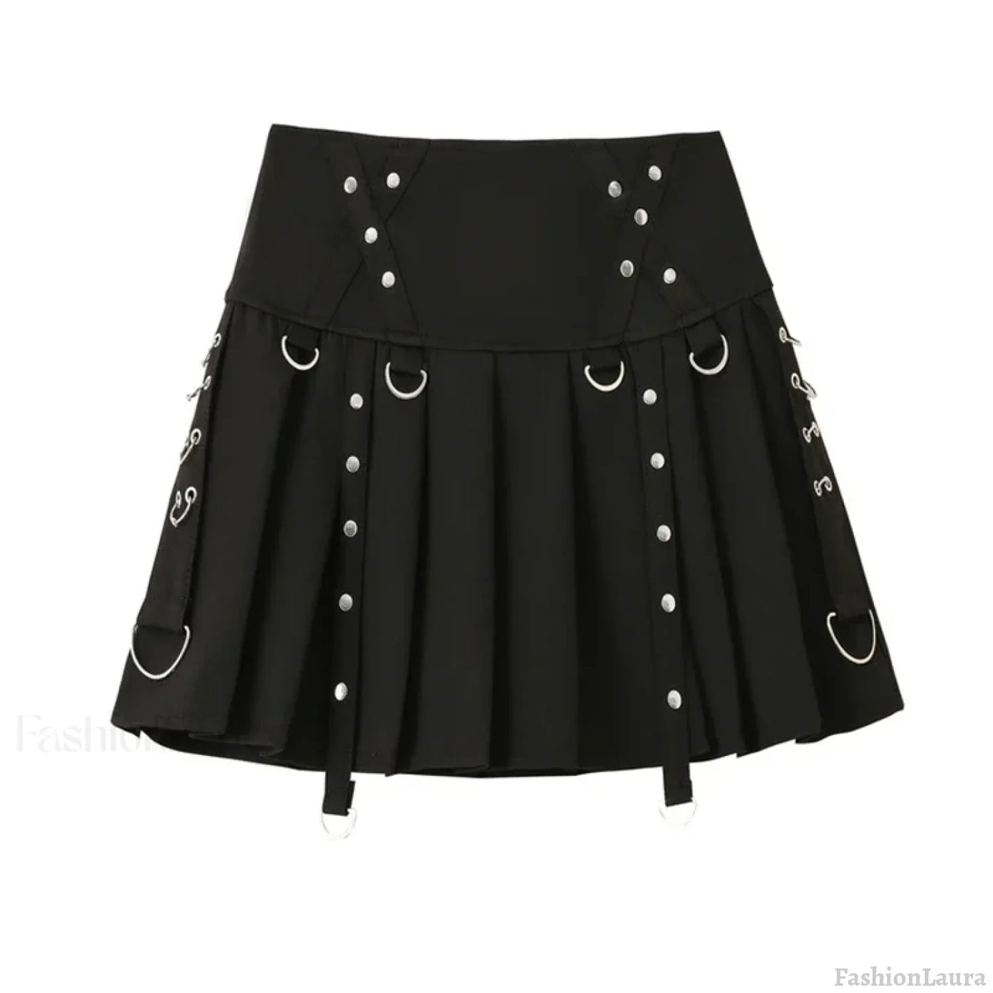 Gothic Diablo Harajuku Personality Spice Rivet Metal Buckle Streamer Low Waist A Version Short Pleated Skirt BLACK / S