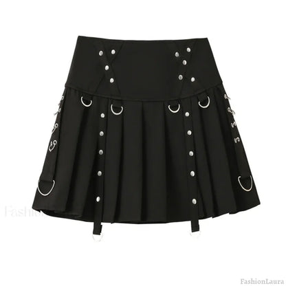 Gothic Diablo Harajuku Personality Spice Rivet Metal Buckle Streamer Low Waist A Version Short Pleated Skirt BLACK / S