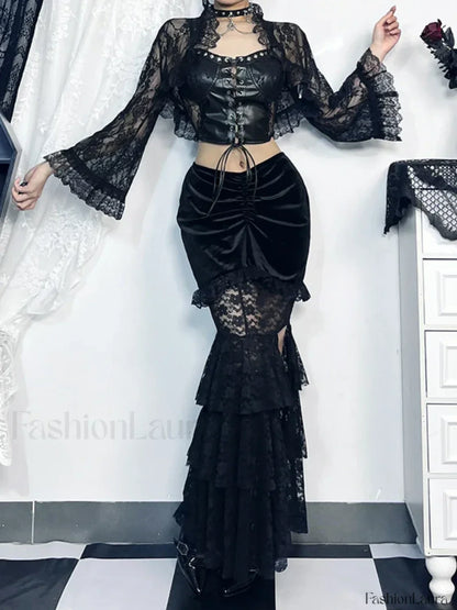 Gothic Folding Fishtail Velvet Skirt with Lace Patchwork