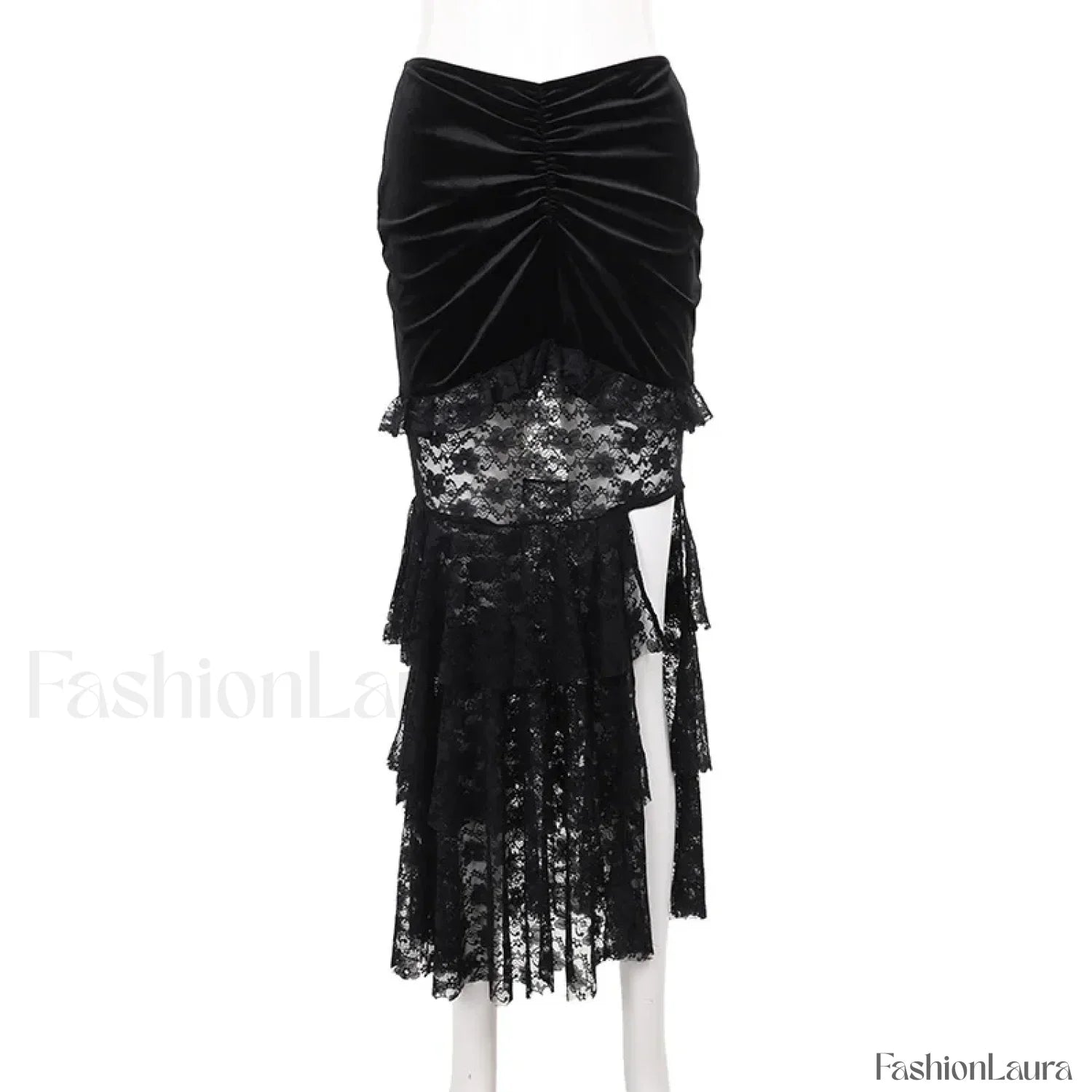 Gothic Folding Fishtail Velvet Skirt with Lace Patchwork Black / S