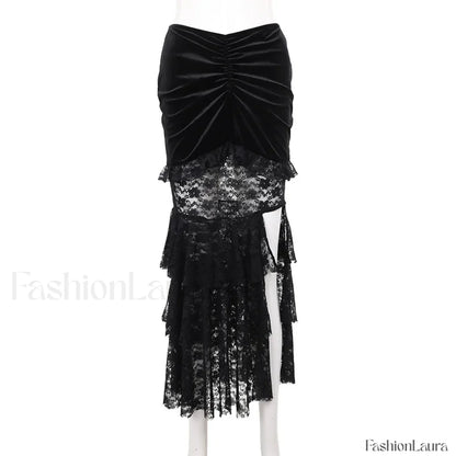 Gothic Folding Fishtail Velvet Skirt with Lace Patchwork Black / S