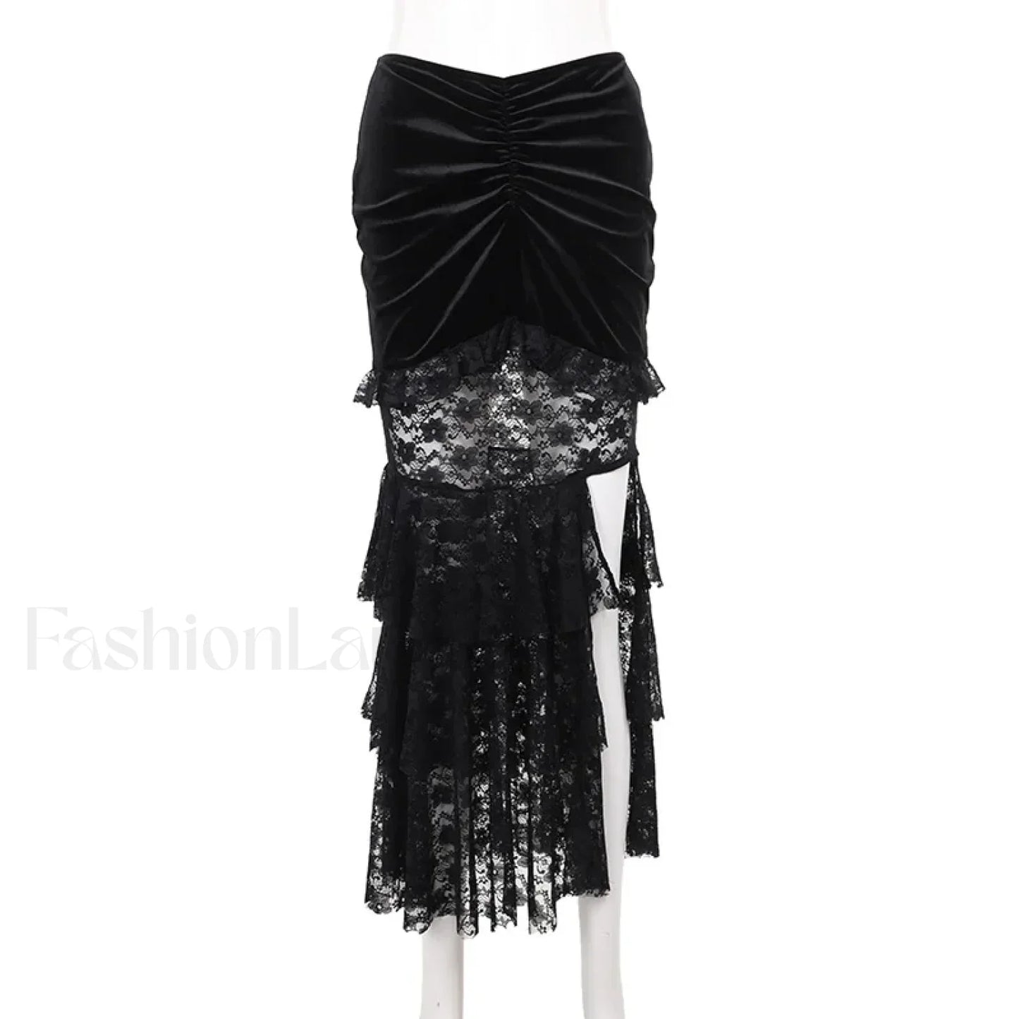 Gothic Folding Fishtail Velvet Skirt with Lace Patchwork Black / S