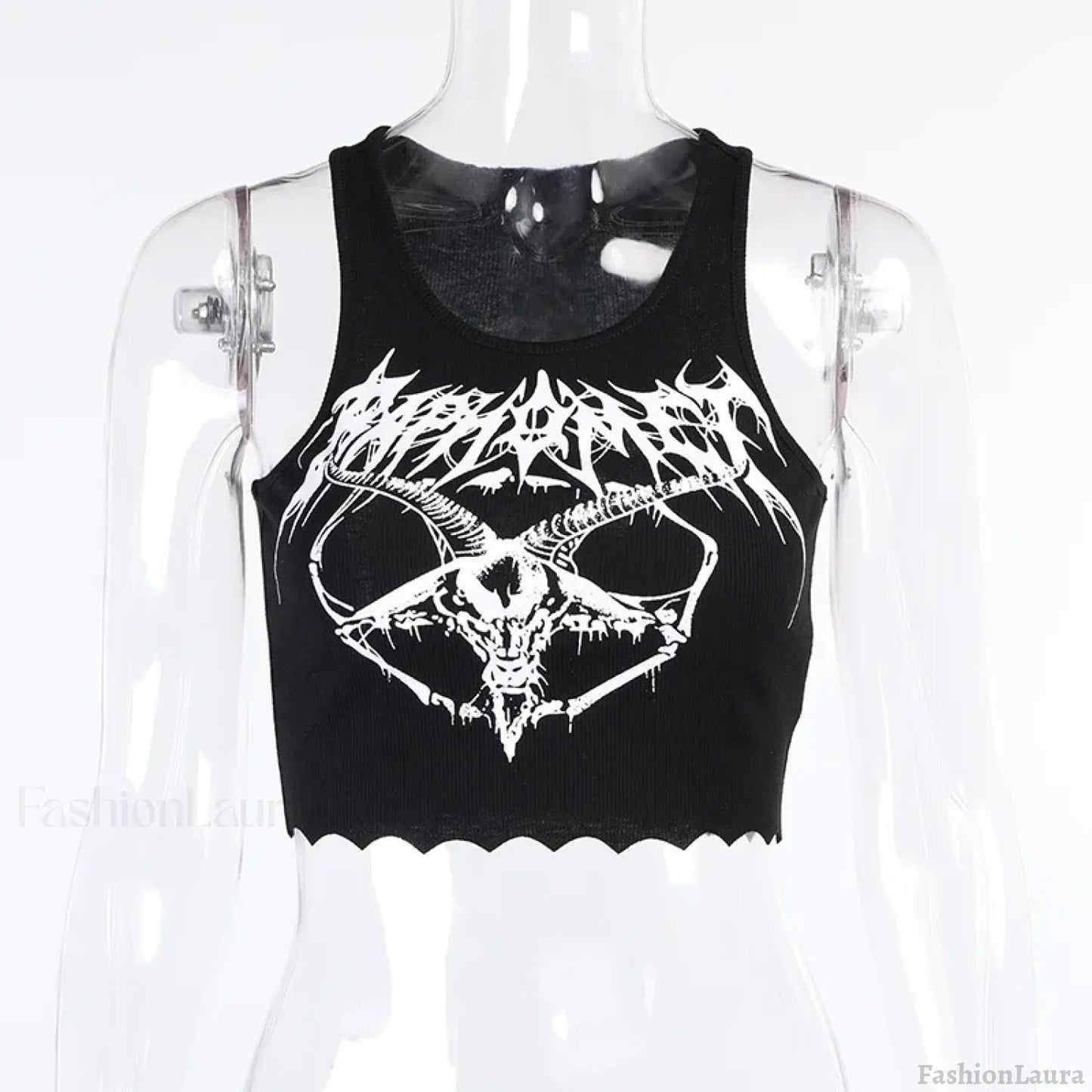 Gothic Grunge Knitted Punk Black Goat Print Crop Top BLACK / S