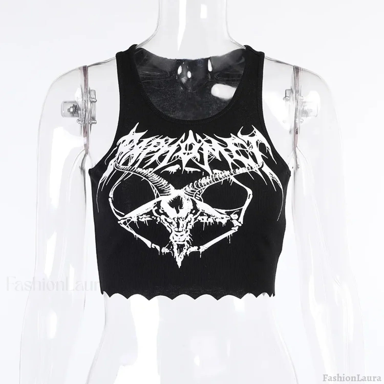 Gothic Grunge Knitted Punk Black Goat Print Crop Top BLACK / S