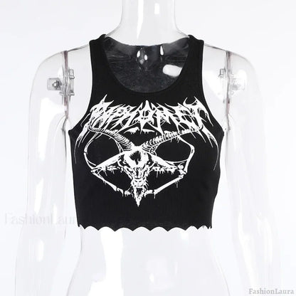 Gothic Grunge Knitted Punk Black Goat Print Crop Top BLACK / S