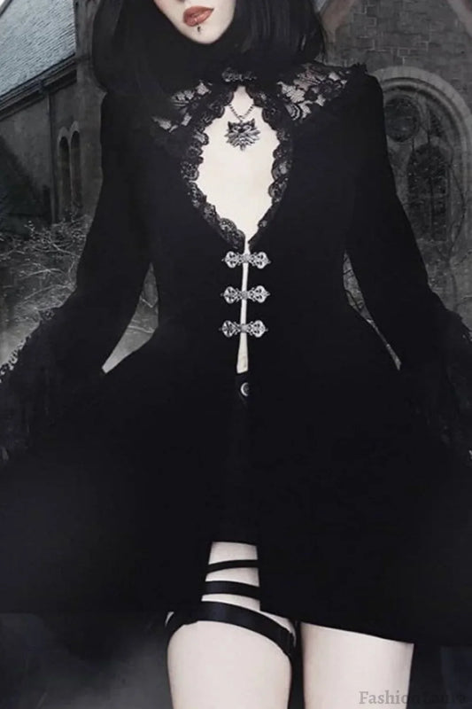 Gothic Lace Cutout Lantern Sleeve Dress Black / S