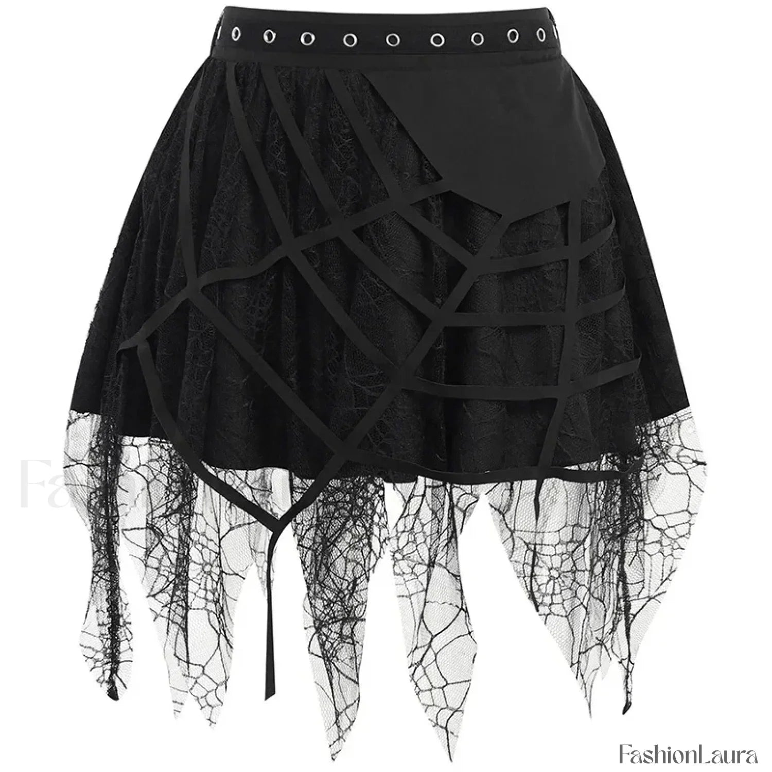 Gothic Mini Y2K Harajuku Web Patchwork Lace Tassel Dark Academy Street Woman With Belt Fairy Grunge Skirt Black / S