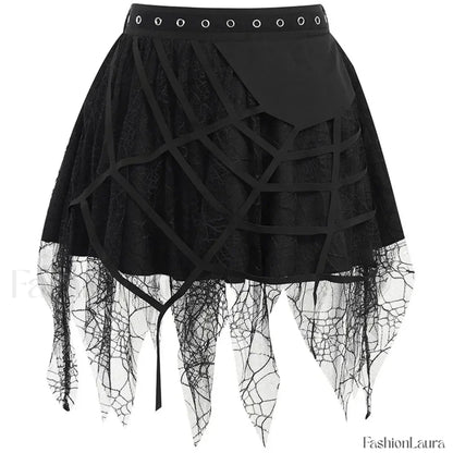 Gothic Mini Y2K Harajuku Web Patchwork Lace Tassel Dark Academy Street Woman With Belt Fairy Grunge Skirt Black / S