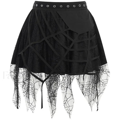 Gothic Mini Y2K Harajuku Web Patchwork Lace Tassel Dark Academy Street Woman With Belt Fairy Grunge Skirt Black / S
