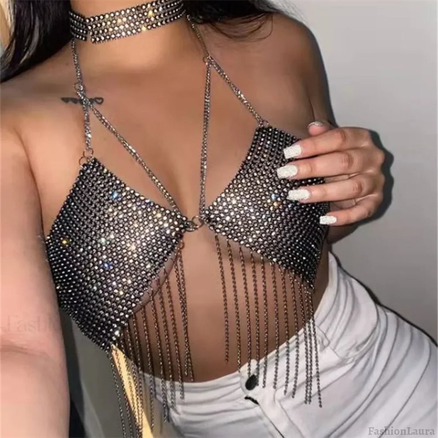 Gothic Party Club Corset Rhinestones Crop Top black1 / S