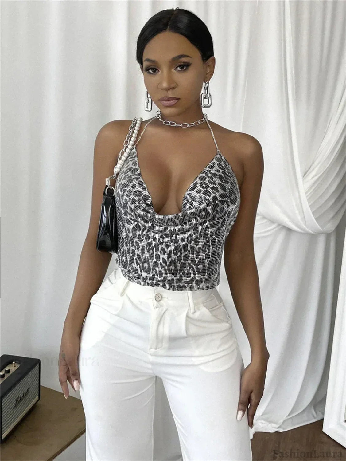 Gothic Party Club Corset Rhinestones Crop Top Leopard silver / S