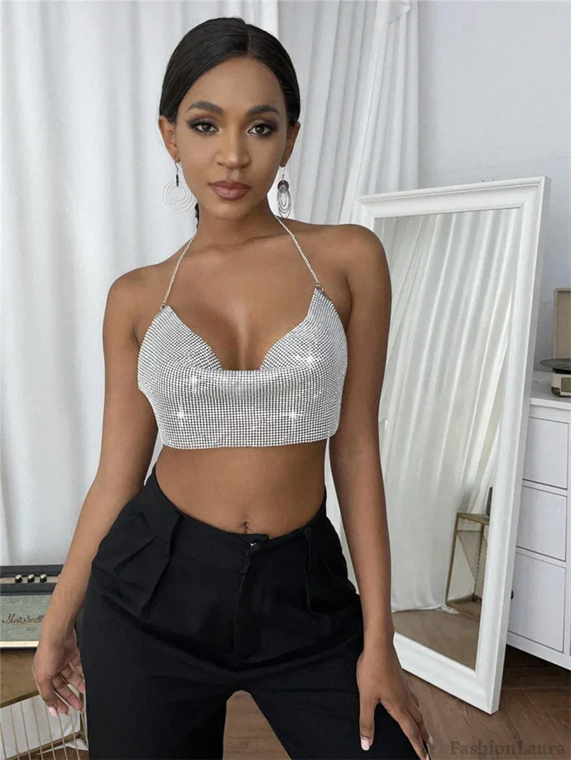 Gothic Party Club Corset Rhinestones Crop Top silver1 / S