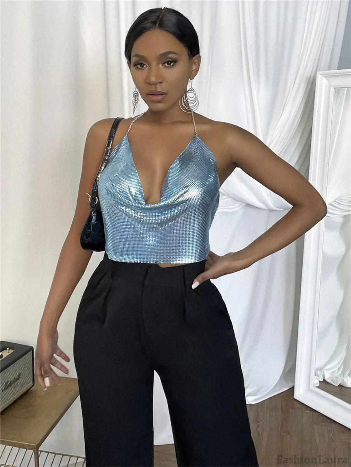 Gothic Party Club Corset Rhinestones Crop Top sky blue / S